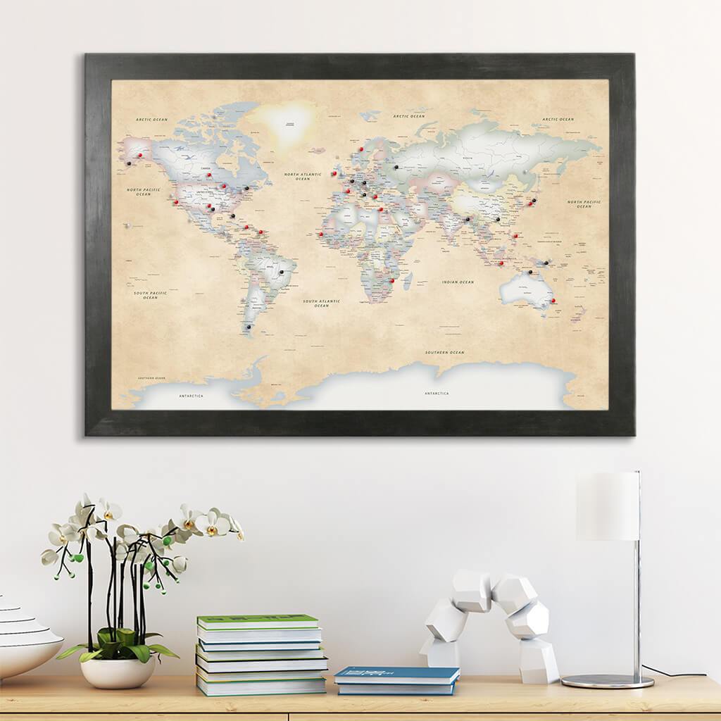 Canvas Pastel World Map with Pins with Rustic Black Frame
