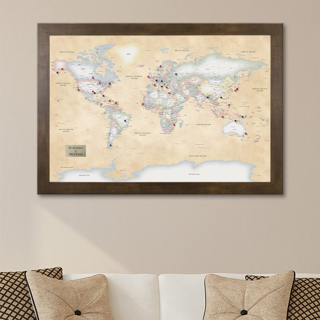 Perfectly Pastel World Push Pin Travel Map Rustic Brown Frame