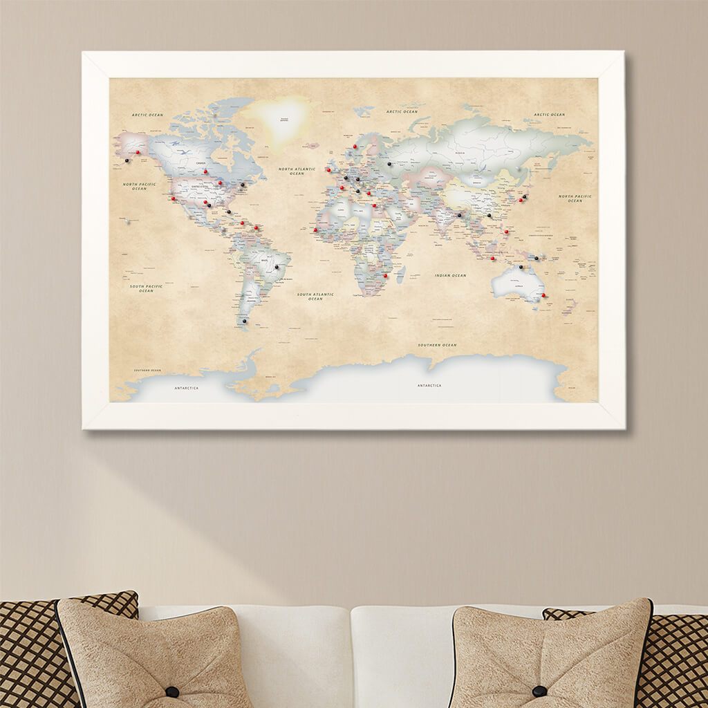 Perfectly Pastel World Push Pin Travel Map Textured White Frame