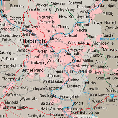 Earth Toned Pennsylvania State Push Pin Travelers Map Closeup