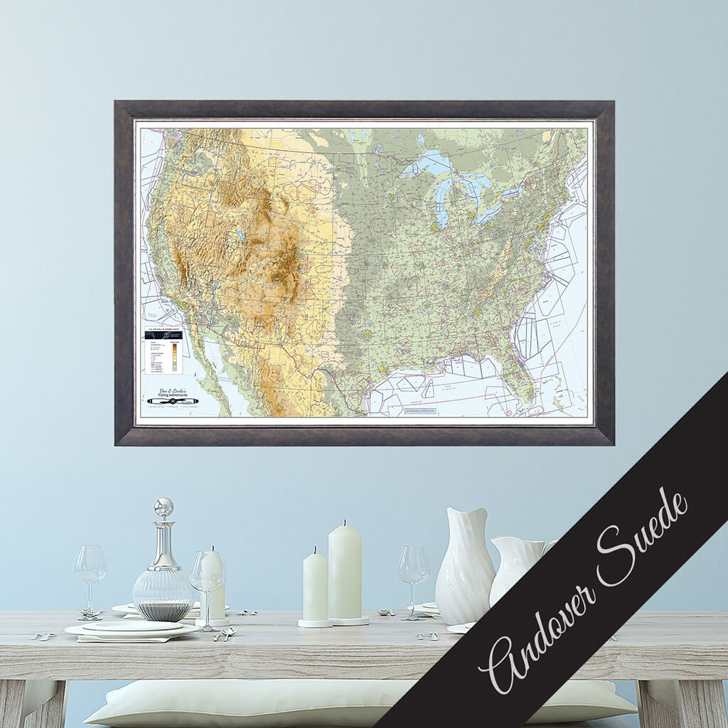 Canvas Pilot&#39;s VFR USA Pinnable Wall Map in Premium Andover Suede Frame