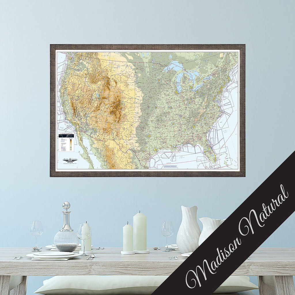 Canvas Pilot&#39;s VFR USA Pinnable Wall Map in Premium Madison Natural Brown Frame