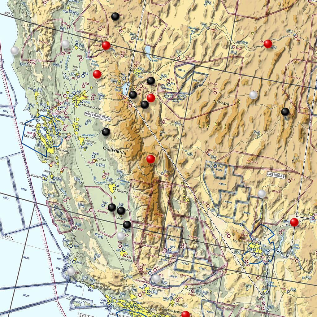 Closeup of Pilot&#39;s Map - West Coast with Pins