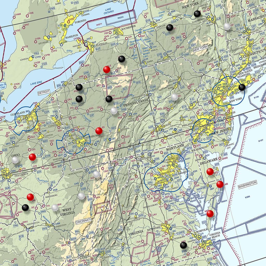 Closeup of Pilot's Map - Northeast with Pins