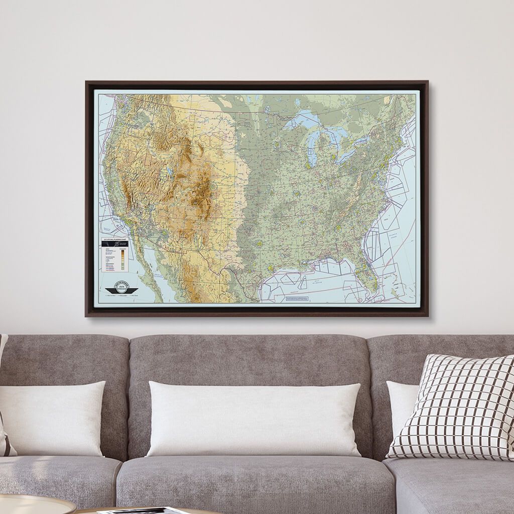 Brown Float Frame - 24x36 Gallery Wrapped Canvas VFR USA Pilot&#39;s Map