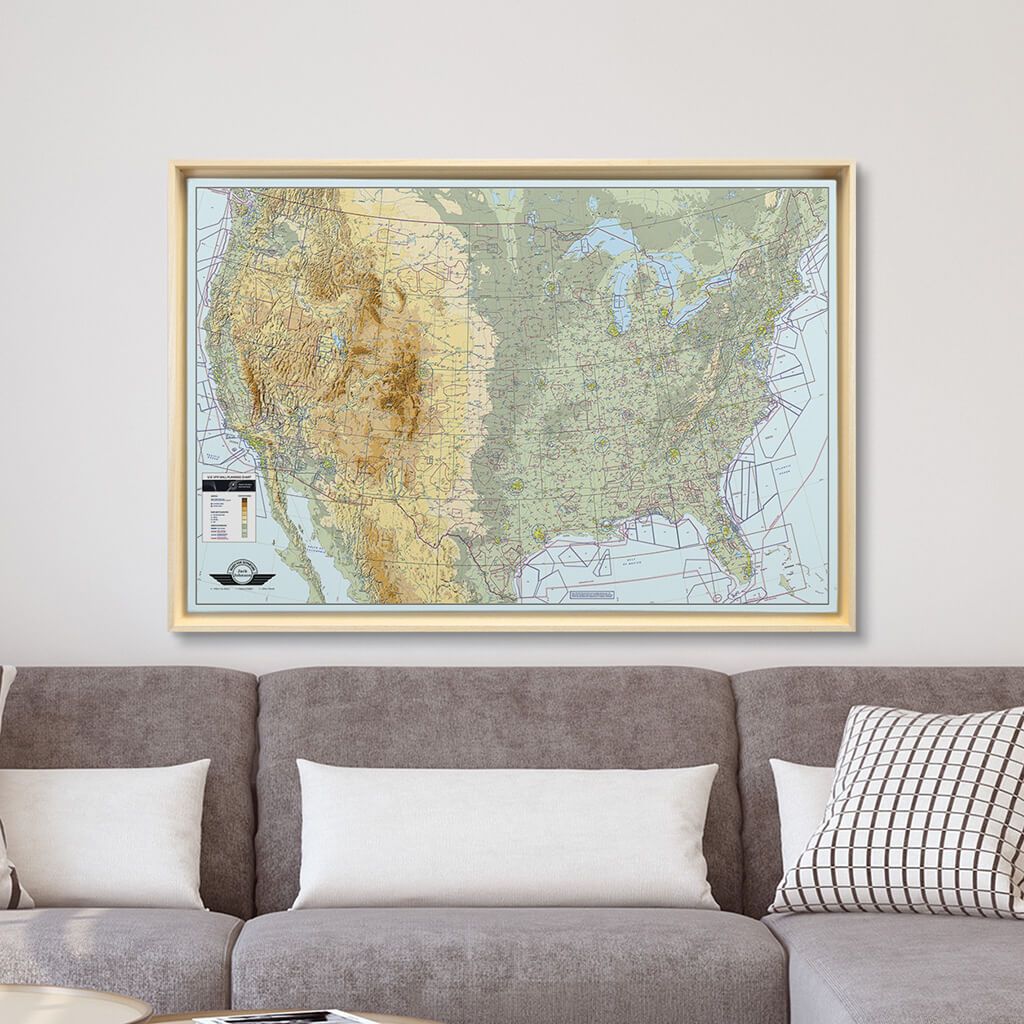 Natural Tan Float Frame - 24x36 Gallery Wrapped Canvas VFR USA Pilot's Map