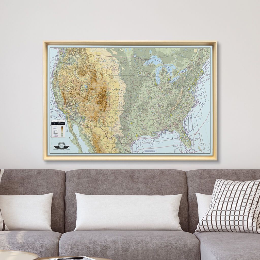 Natural Tan Float Frame - 24x36 Gallery Wrapped Canvas VFR USA Pilot&#39;s Map