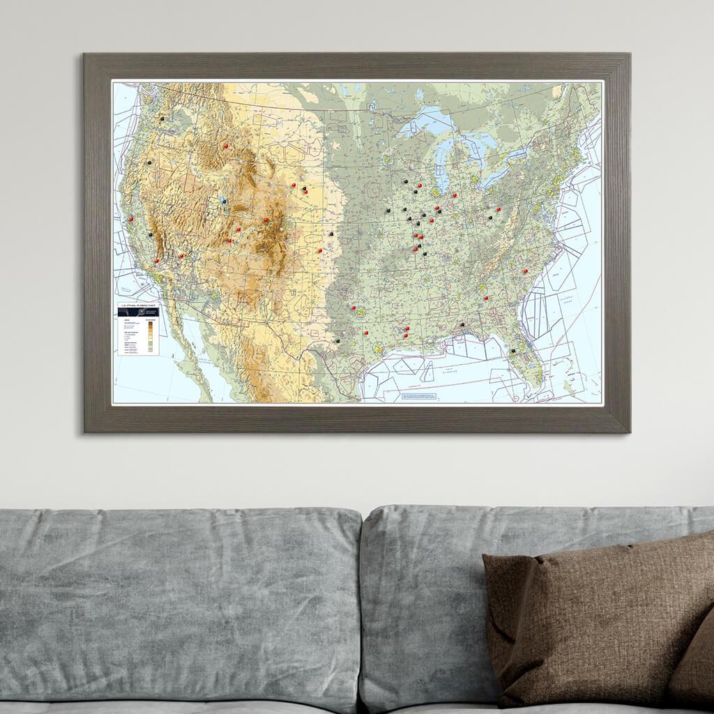 USA VFR Pilot's Push Pin Map with Barnwood Gray Frame