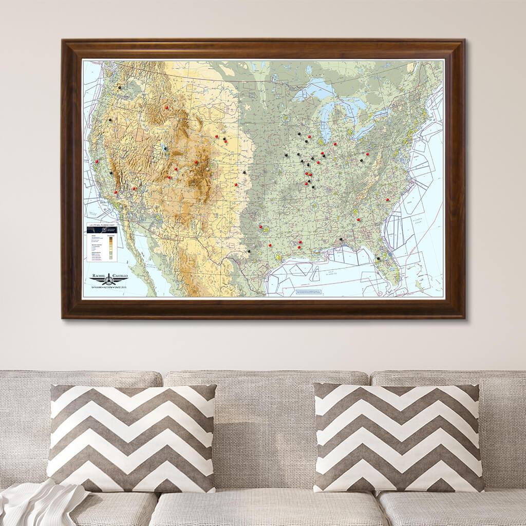 Canvas Pilot&#39;s VFR USA Pinnable Wall Map Brown Frame