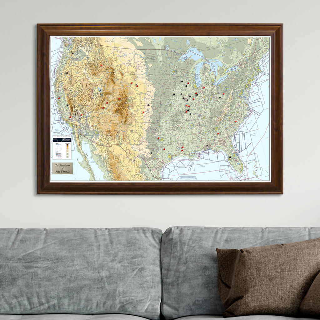 USA VFR Pilot's Wall Map with Brown Frame