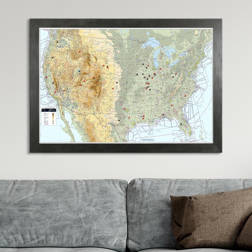 USA VFR Pilot&#39;s Flight Map with Rustic Black Frame