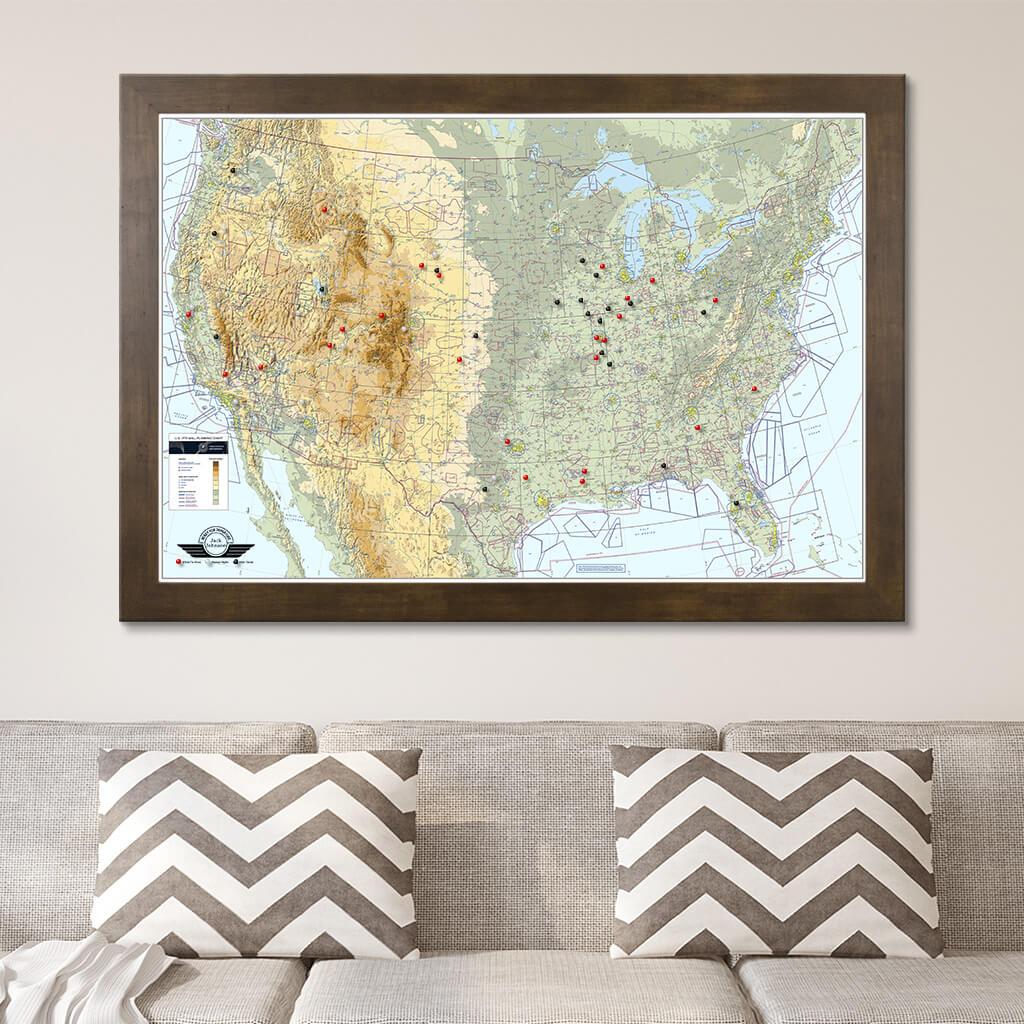 Canvas Pilot&#39;s VFR USA Pinnable Wall Map Rustic Brown Frame