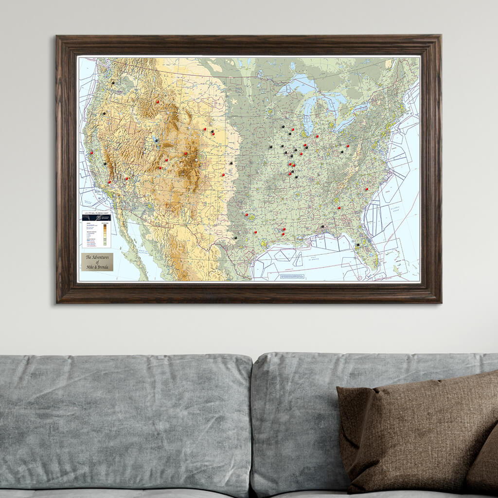 USA VFR Push Pin Pilot&#39;s Map with Pins in Solid Wood Brown Frame