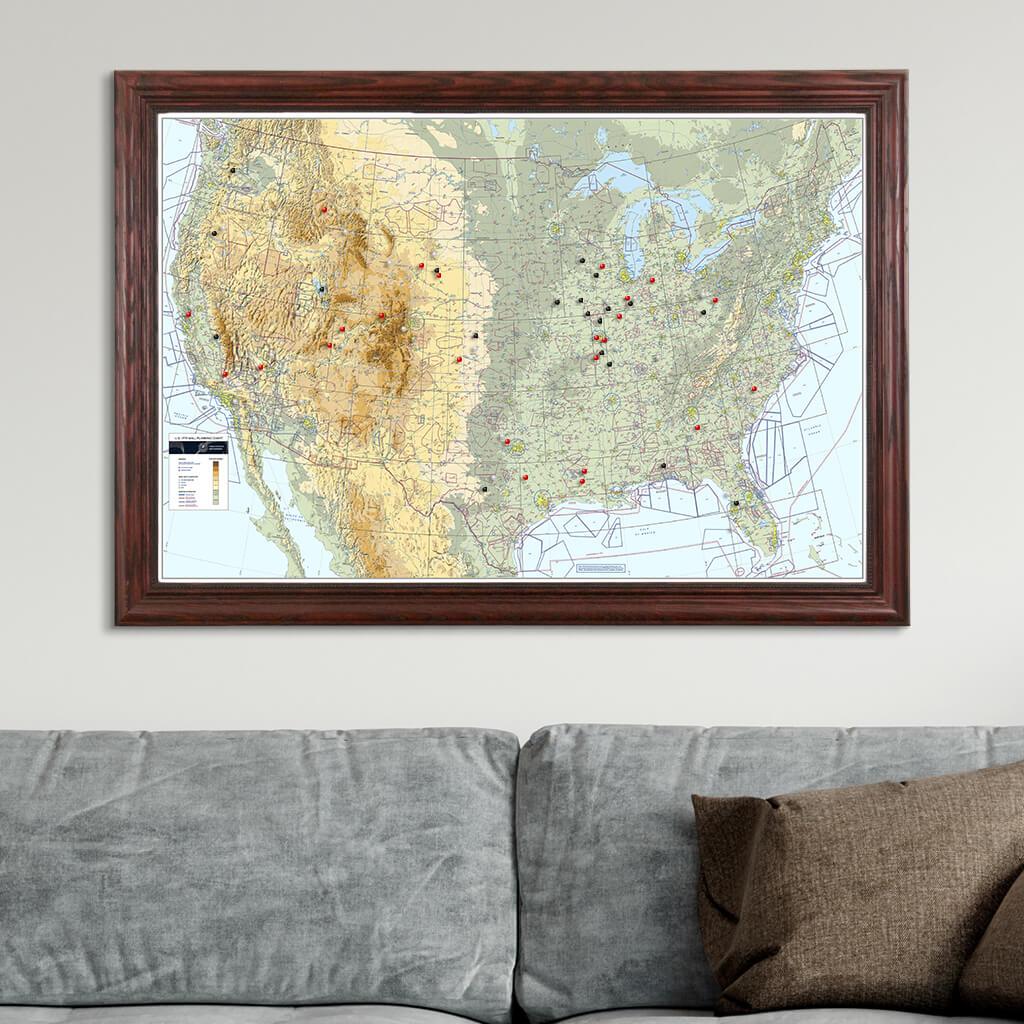 USA VFR Push Pin Pilot's Map in Solid Wood Cherry Frame