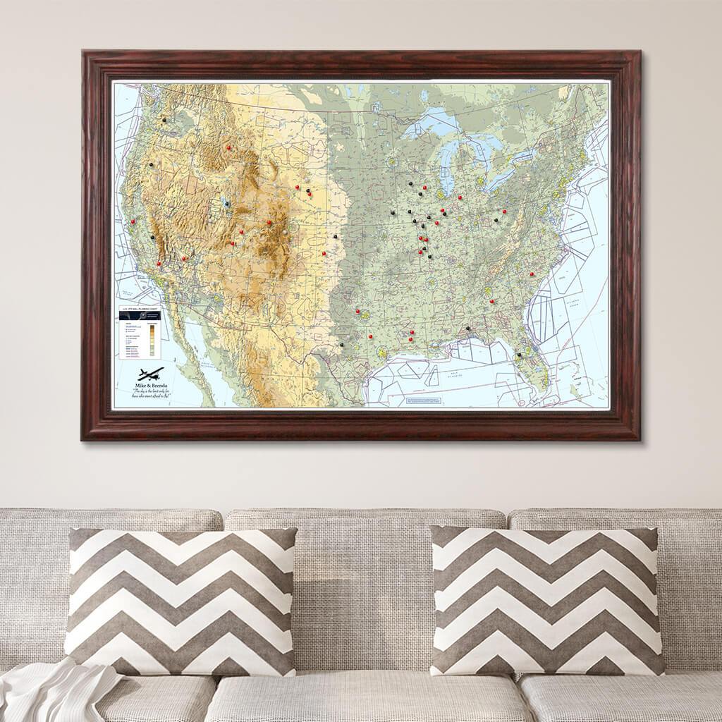 Canvas Pilot&#39;s VFR USA Pinnable Wall Map Solid Wood Cherry Frame