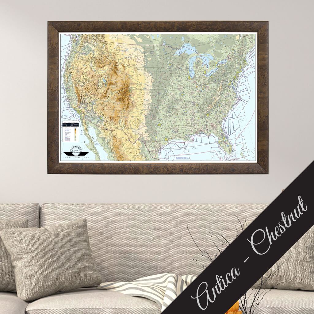 Canvas Pilot&#39;s VFR USA Pinnable Wall Map in Antica Chestnut Frame