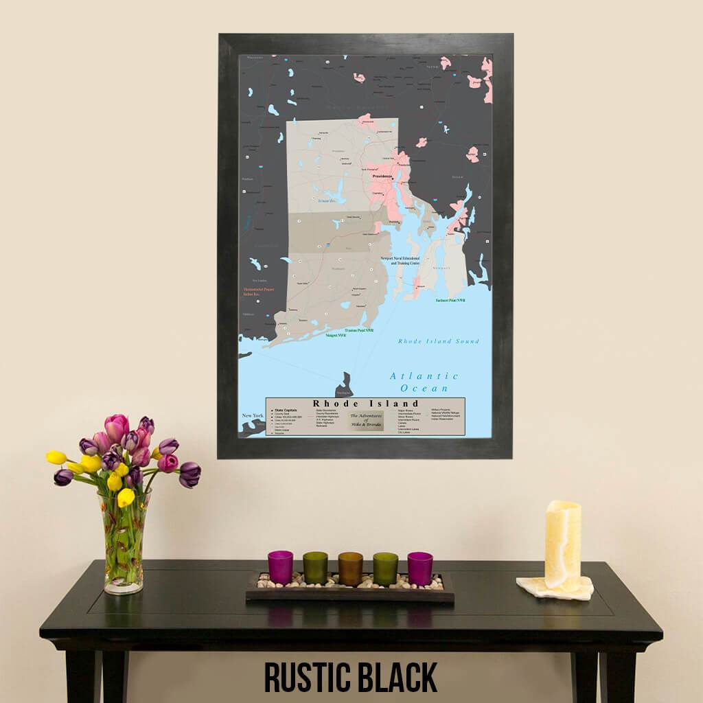 Earth Toned Rhode Island State Map Rustic Black Frame