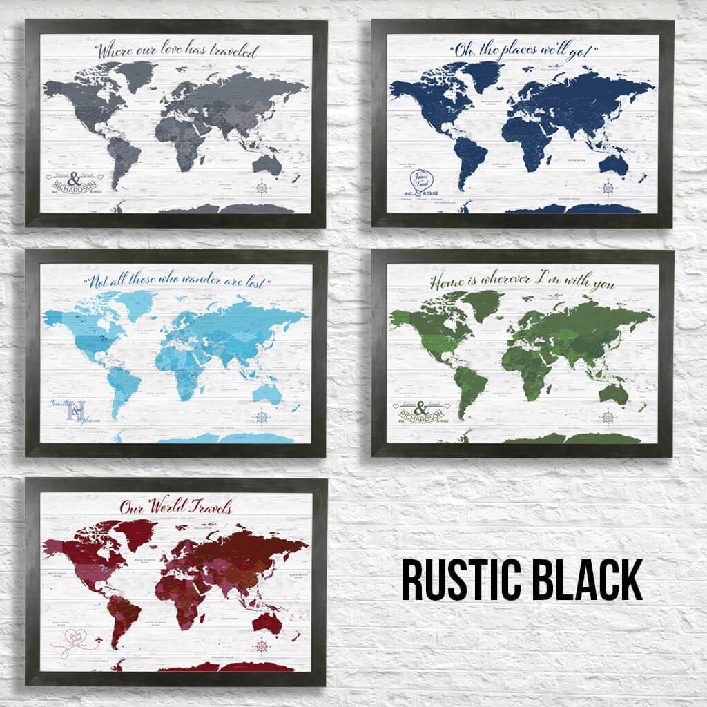 Canvas Anniversary World Map Color Options in Rustic Black Frame
