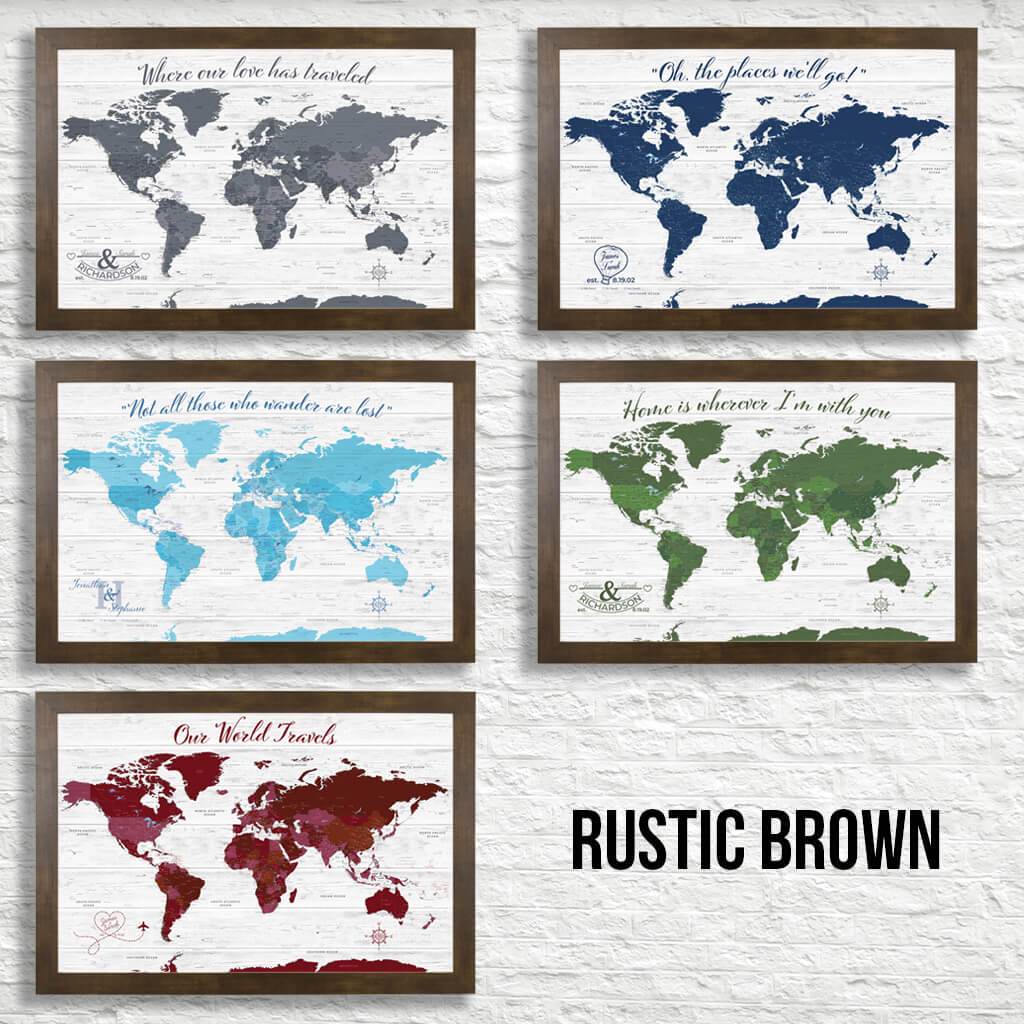 Canvas Anniversary World Map Color Options in Rustic Brown Frame