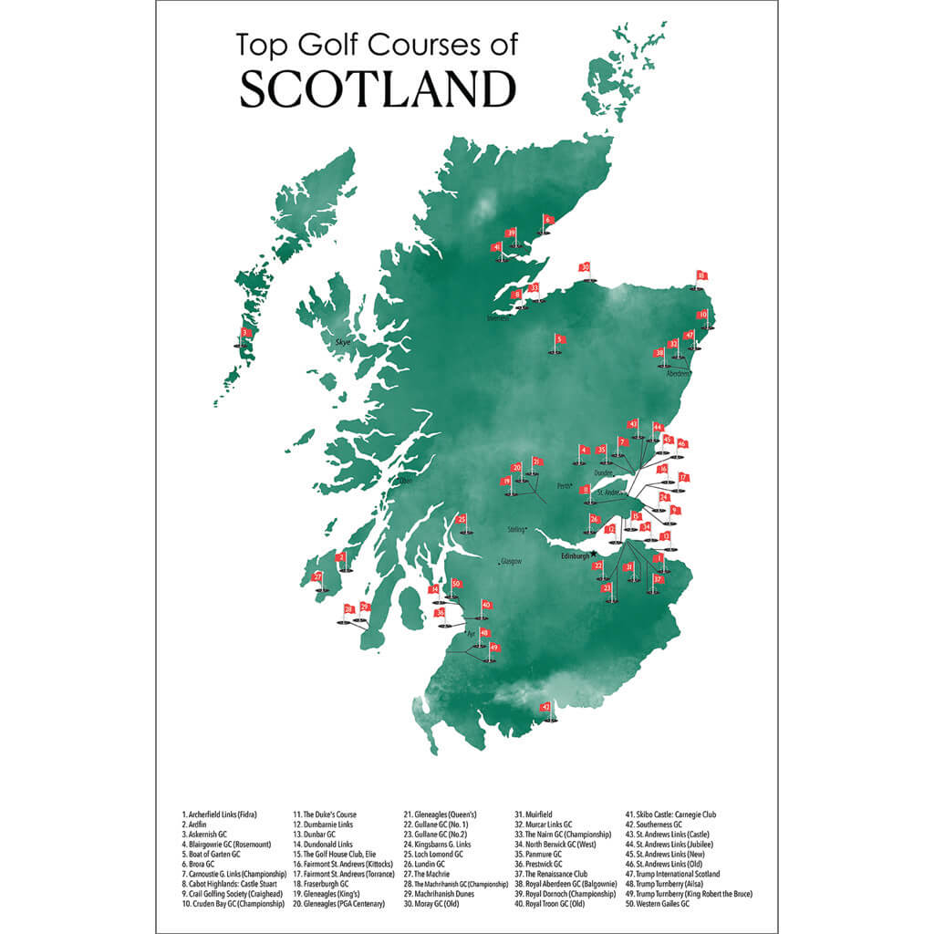 Closeup of Top Golf Courses of Scotland Travel Map with Pins