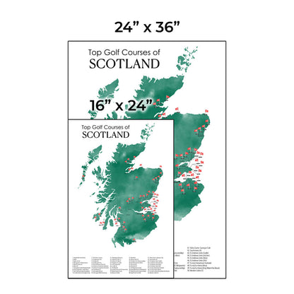 Size Comparison of Scotland's Top Golf Courses Map - Available in a 16" x 24" or 24" X 36" Size 