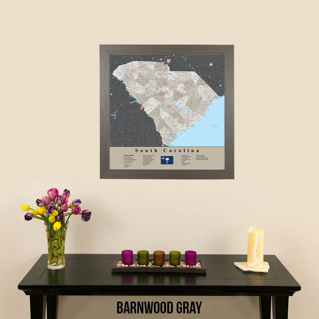 Earth Toned South Carolina State Map Barnwood Gray Frame