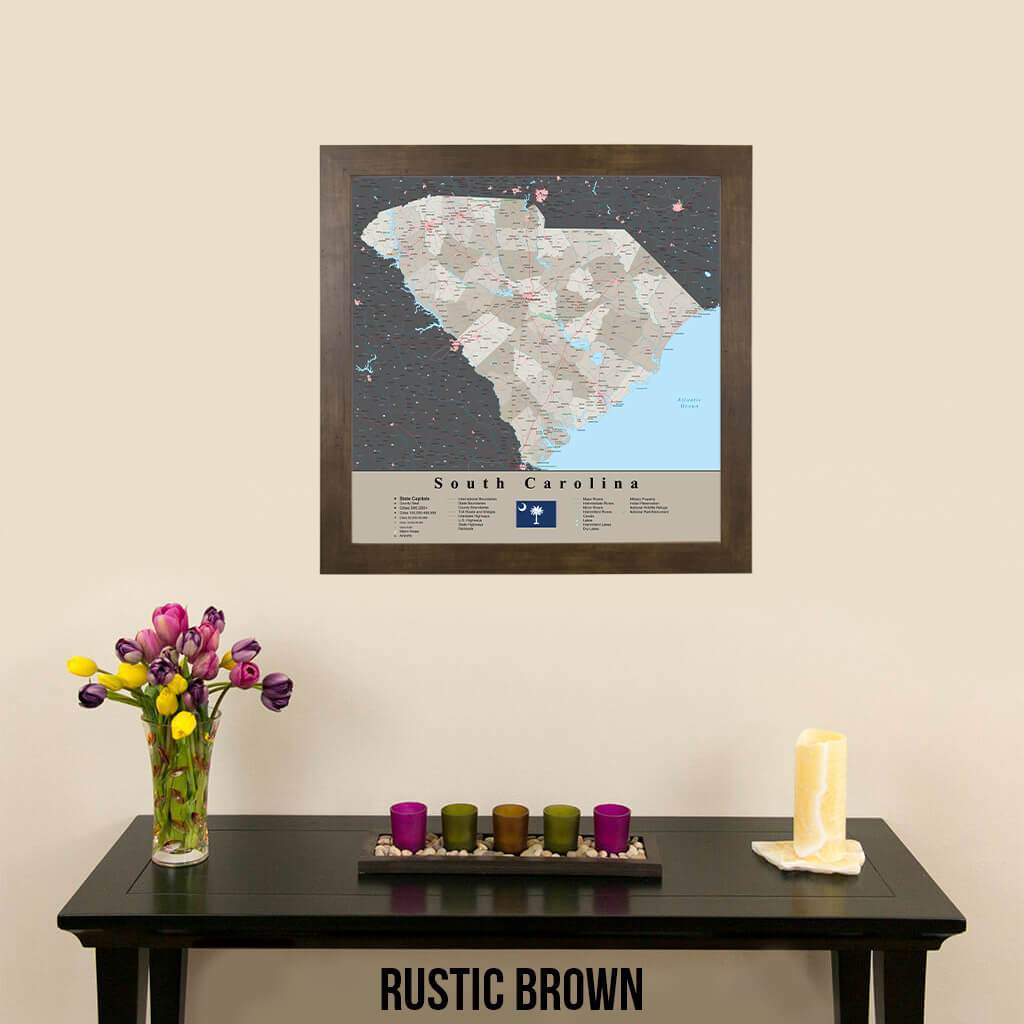 Earth Toned South Carolina State Map Rustic Brown Frame