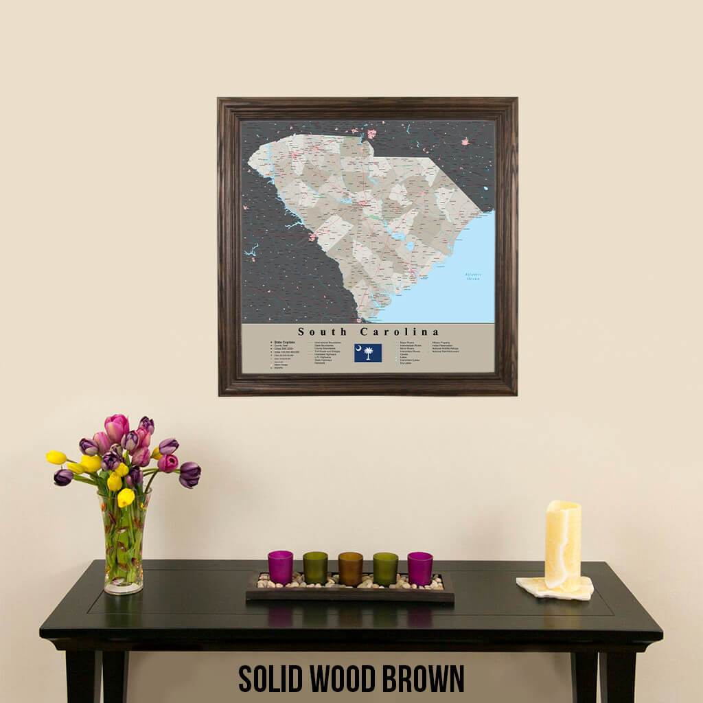 Earth Toned South Carolina State Map Solid Wood Brown Frame