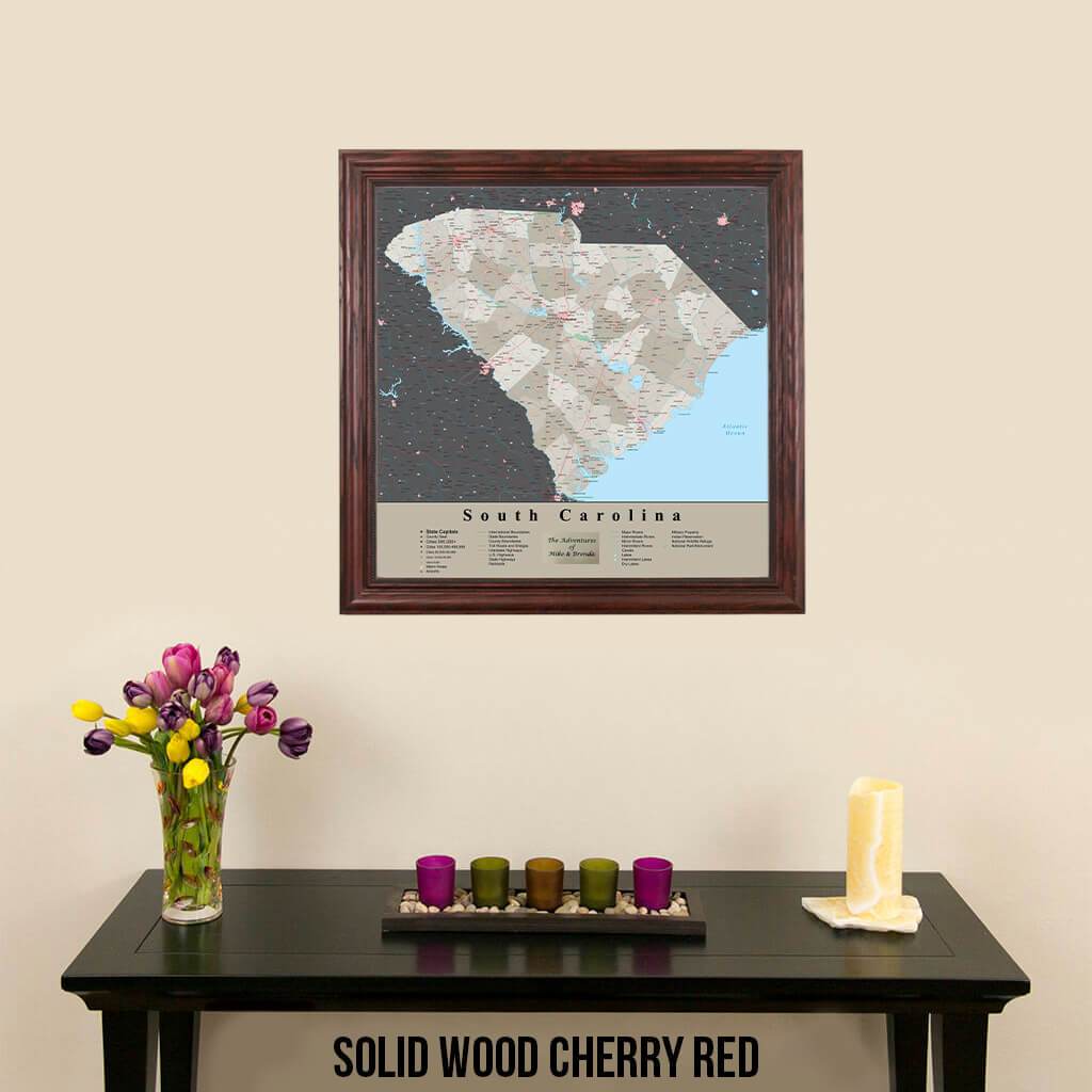 Earth Toned South Carolina State Map Solid Wood Cherry Frame