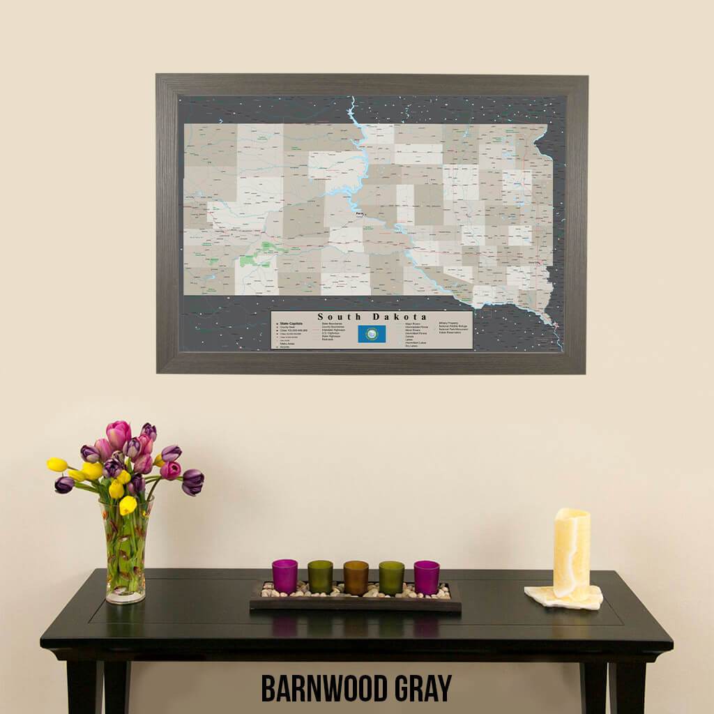 Earth Toned South Dakota Framed Pin Map Barnwood Gray Frame
