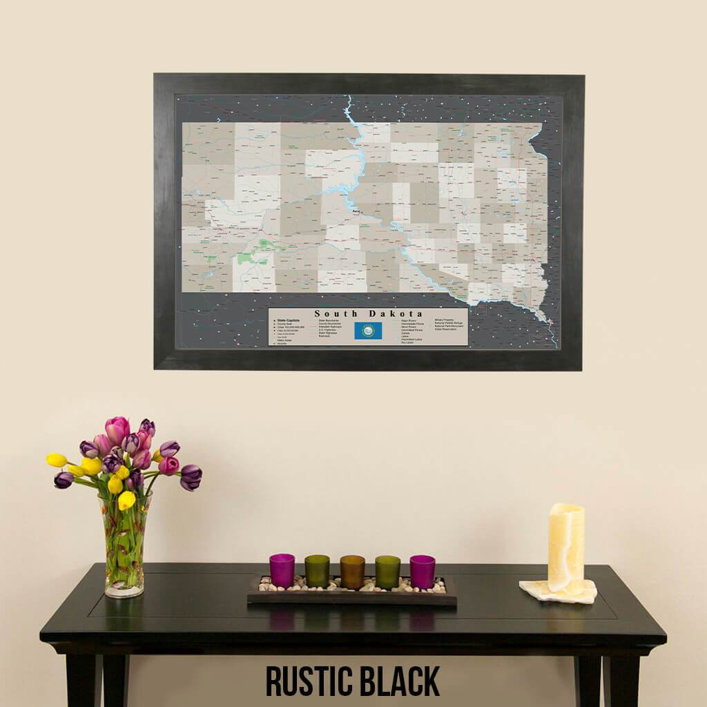Earth Toned South Dakota Framed Pin Map Rustic Black Frame