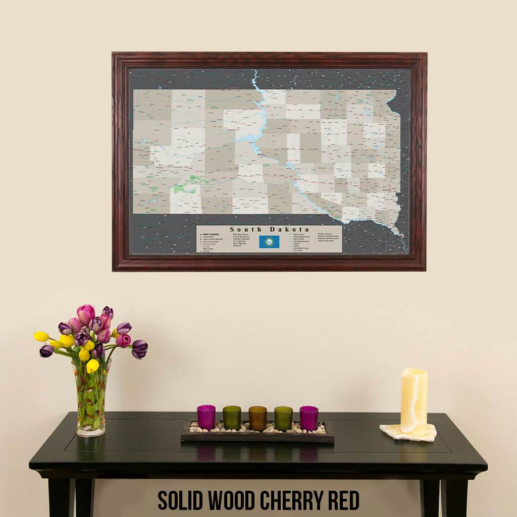 Earth Toned South Dakota Framed Pin Map Solid Wood Cherry Frame