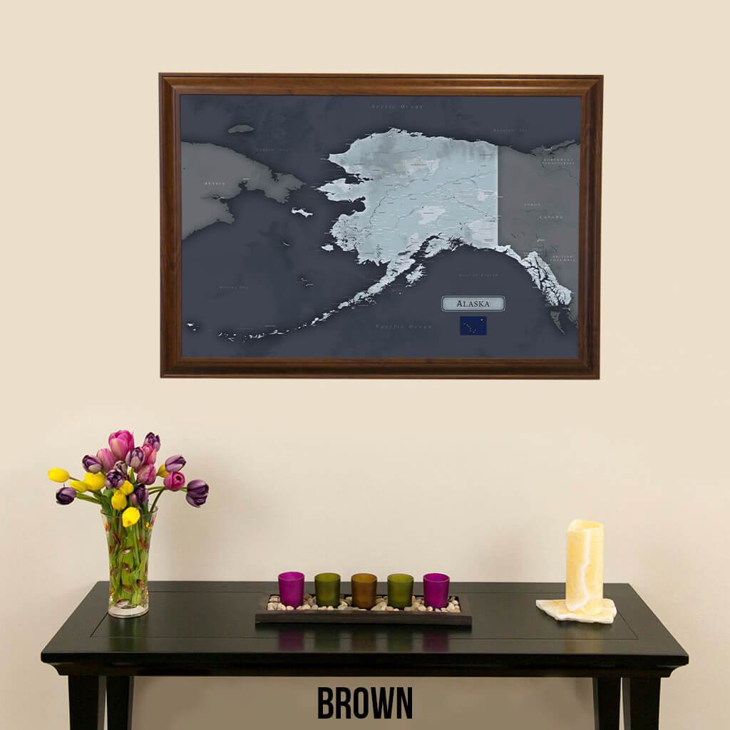 Pinnable Alaska Slate Travelers Map with Brown Frame