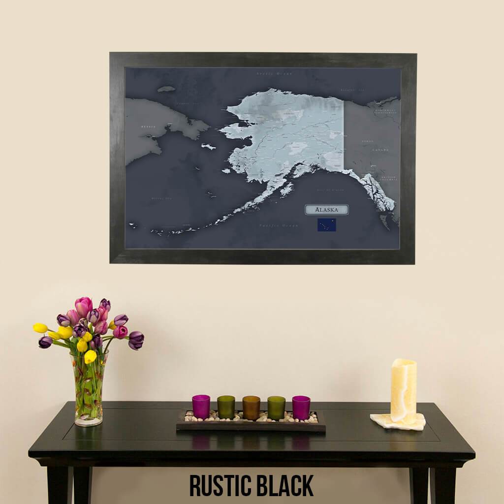 Pinnable Alaska Slate Travelers Map in Rustic Black Frame