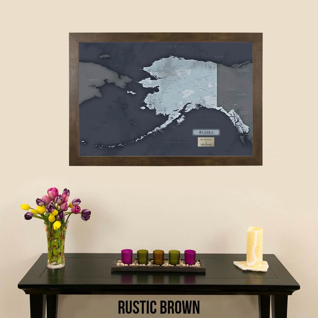 Pinnable Alaska Slate Travelers Map in Modern Rustic Brown Frame