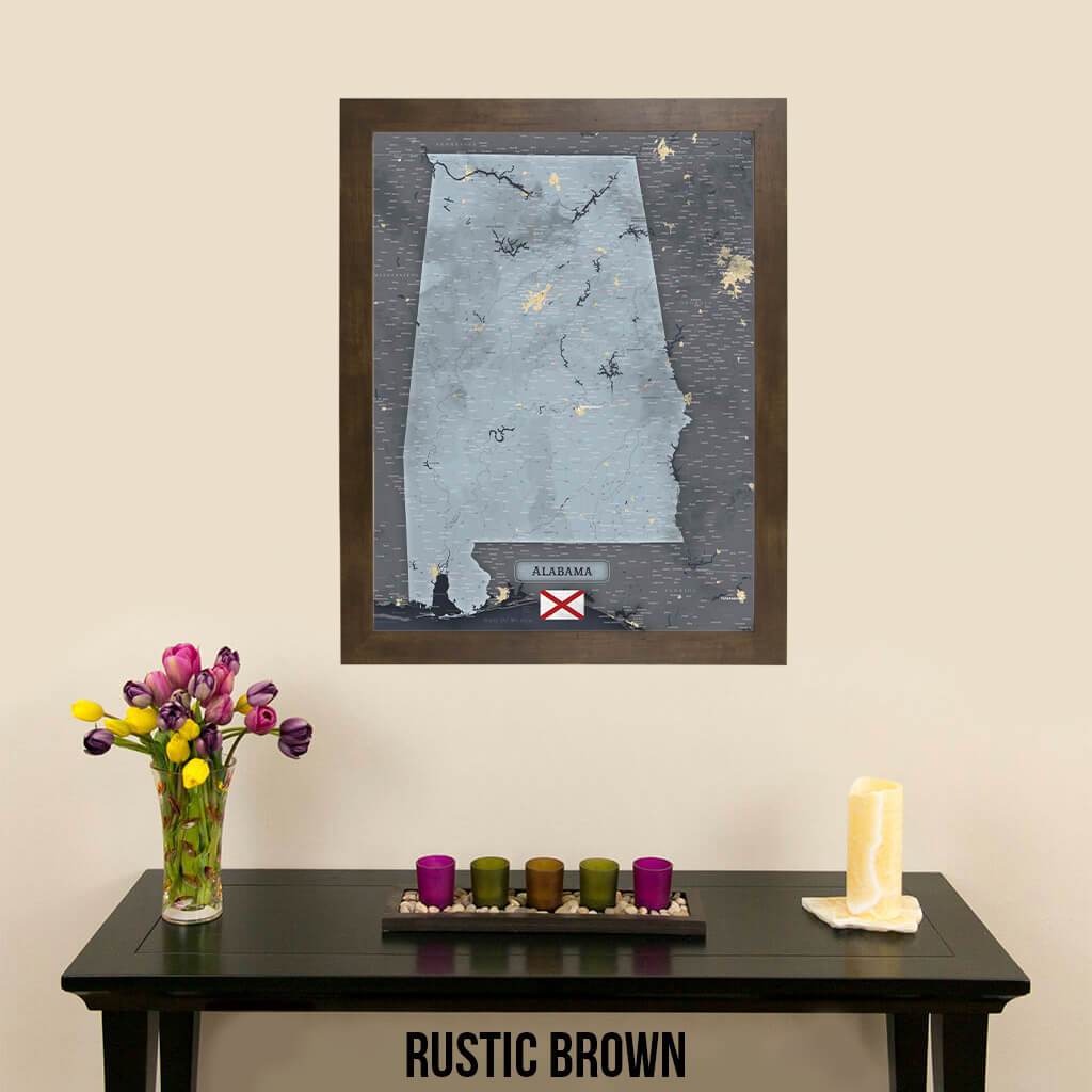 Push Pin Travel Maps Framed Alabama Slate Wall Map with Pins in Rustic Brown Frame