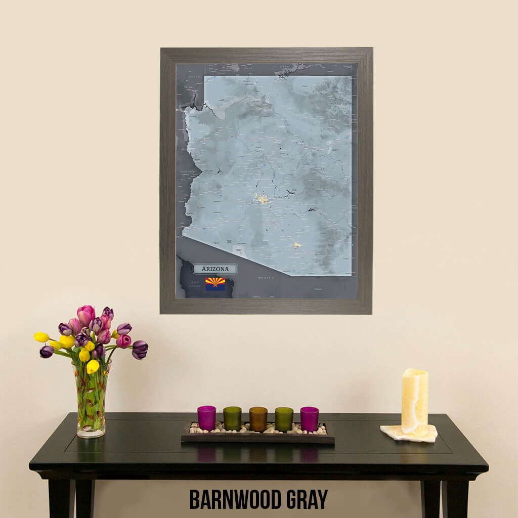 Framed Arizona State Push Pin Travel Map - Barnwood Gray Frame