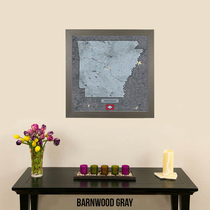 Slate Arkansas Push Pin Travel Map in Barnwood Gray Frame