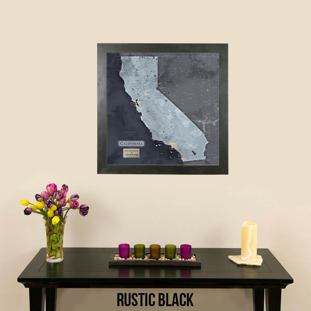 California Slate Colored Map with Rustic Black Frame and Pins