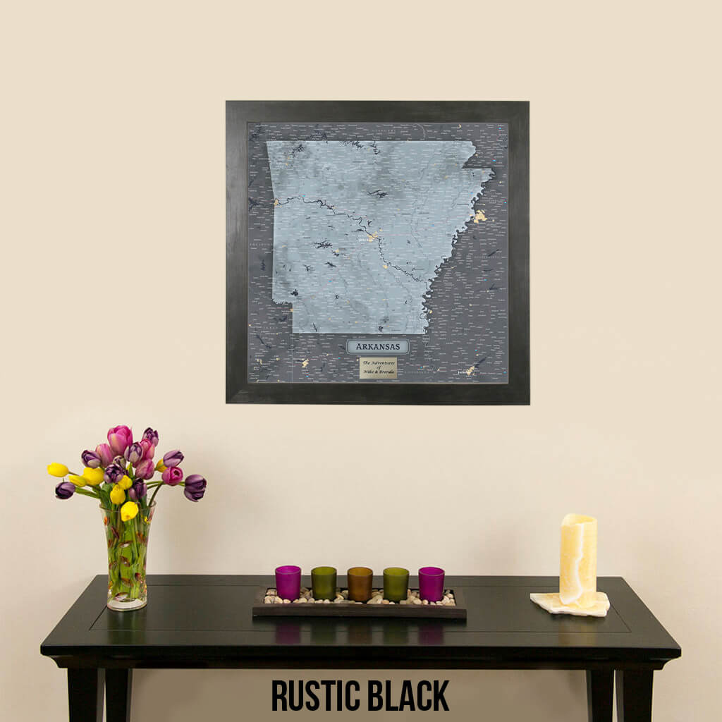 Slate Arkansas Push Pin Travel Map in Rustic Black Frame