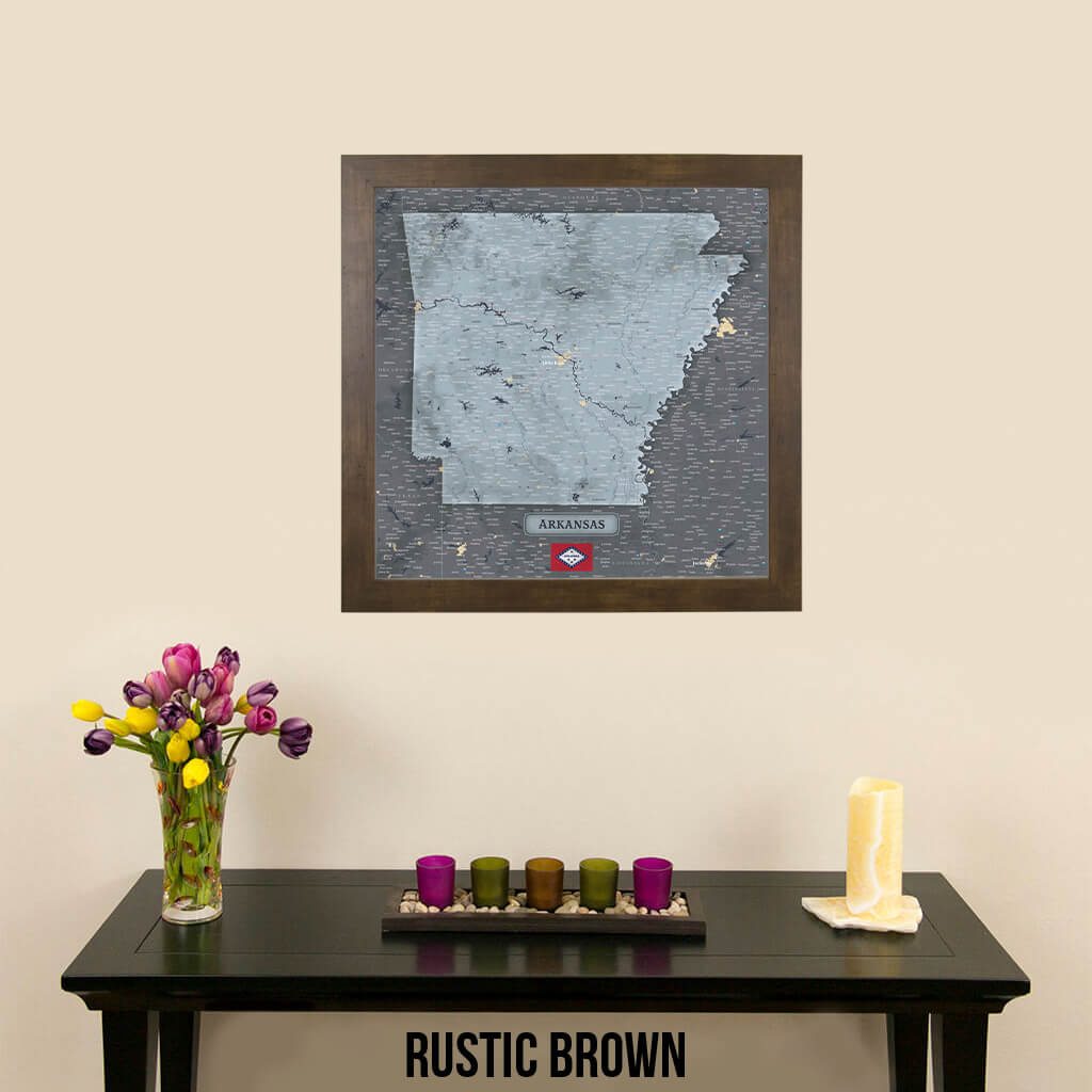 Slate Arkansas Push Pin Travel Map in Rustic Brown Frame