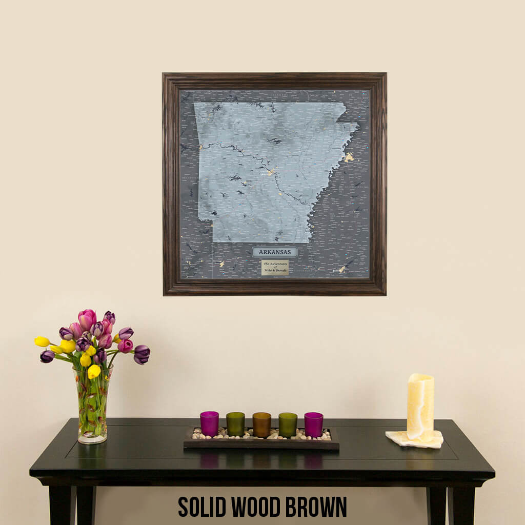 Slate Arkansas Push Pin Travel Map in Solid Wood Brown Frame