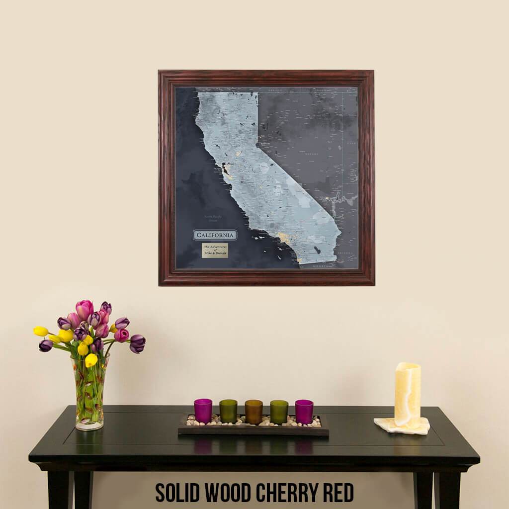 Push Pin Travel Maps California Slate Map with pins Solid Wood Cherry Frame