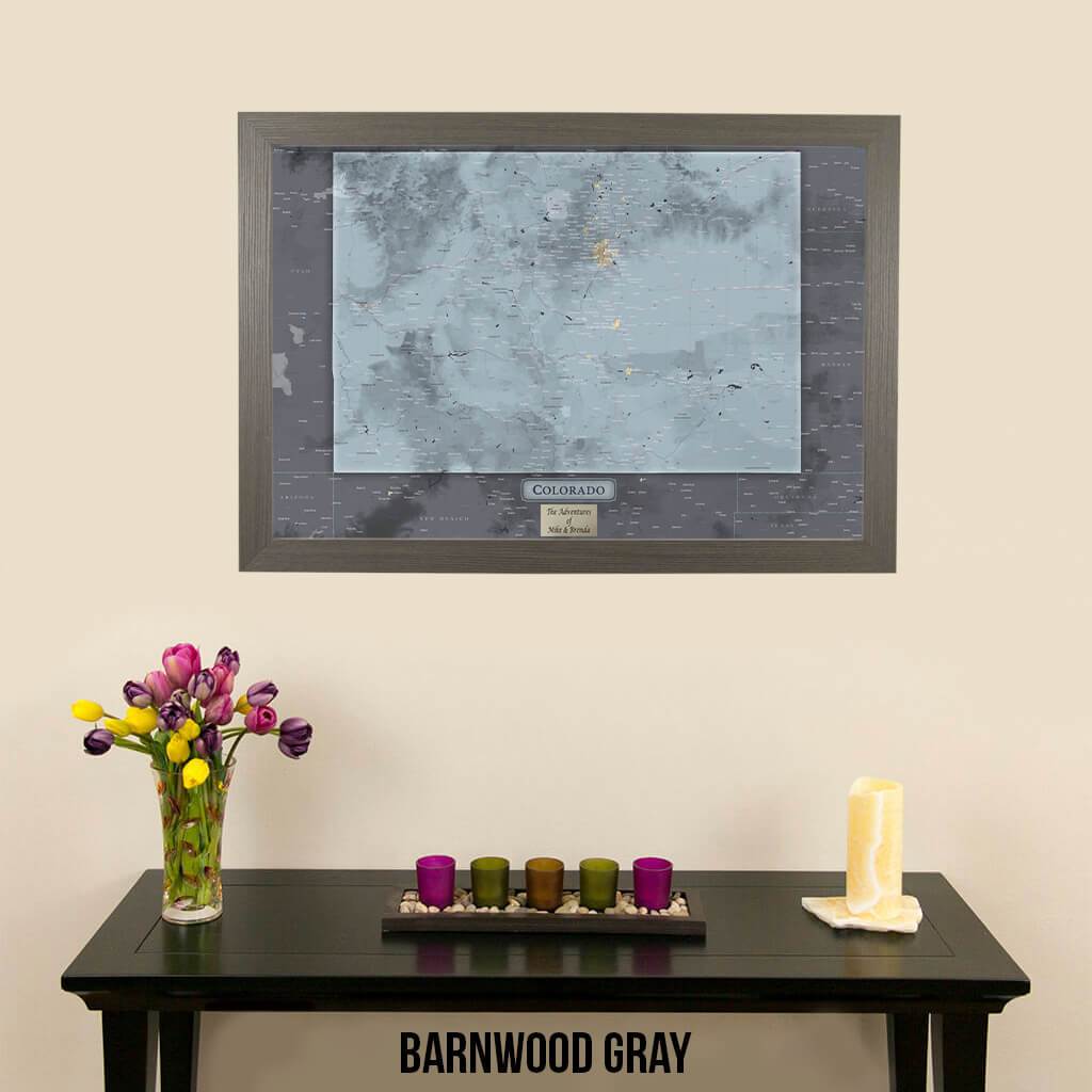Push Pin Colorado State Map with pins in Slate Gray Color Scheme with Barnwood Gray Frame