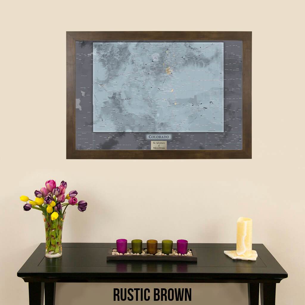 Push Pin Travel Maps Colorado Slate Map with pins Rustic Brown Frame