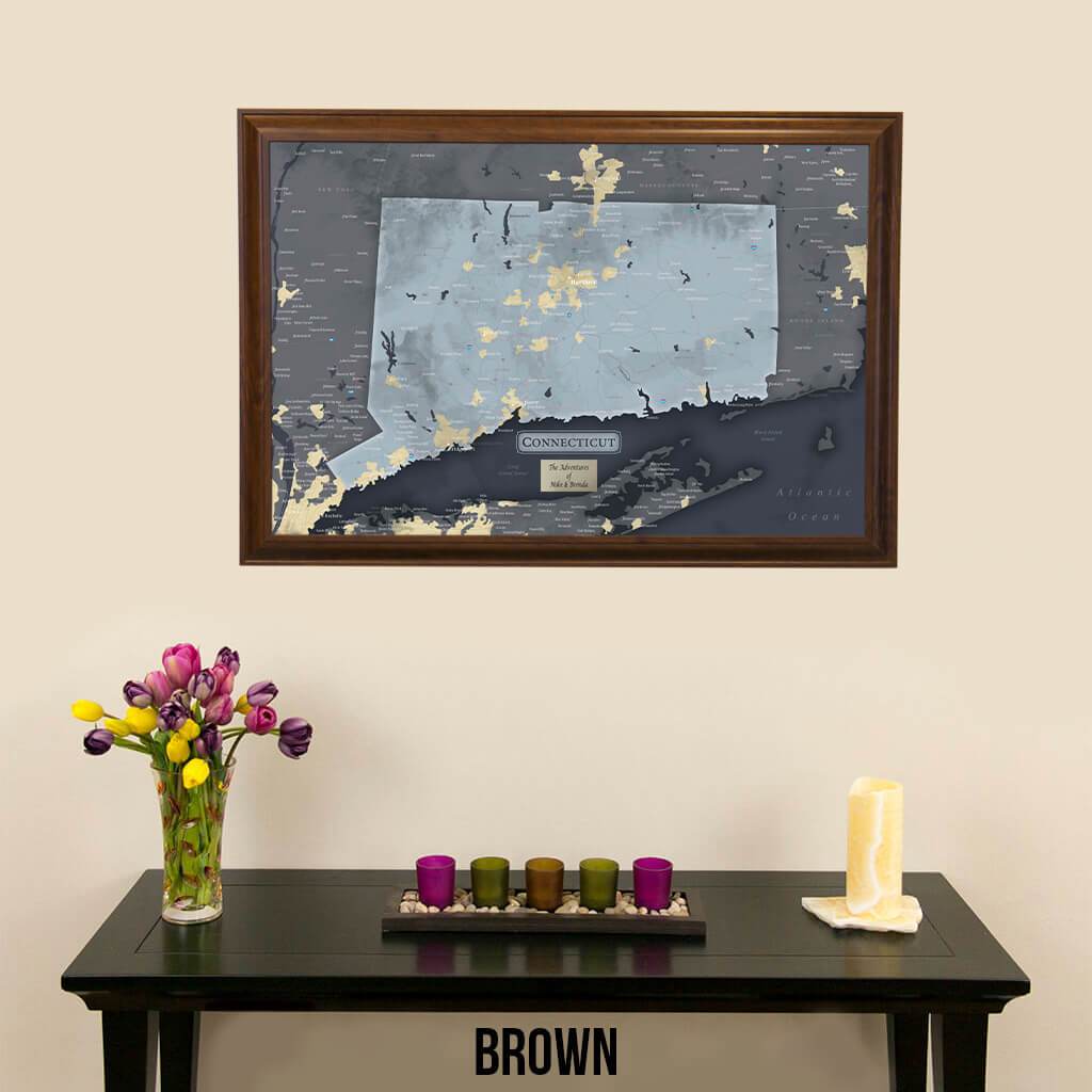 Push Pin Travel Maps Connecticut Slate Wall Map in Brown Frame
