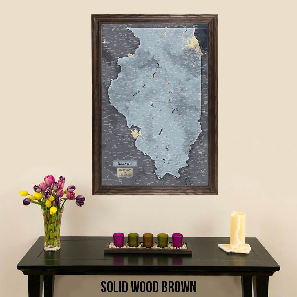 Push Pin Travel Maps Illinois Slate Map with Pins Solid Wood Brown Frame