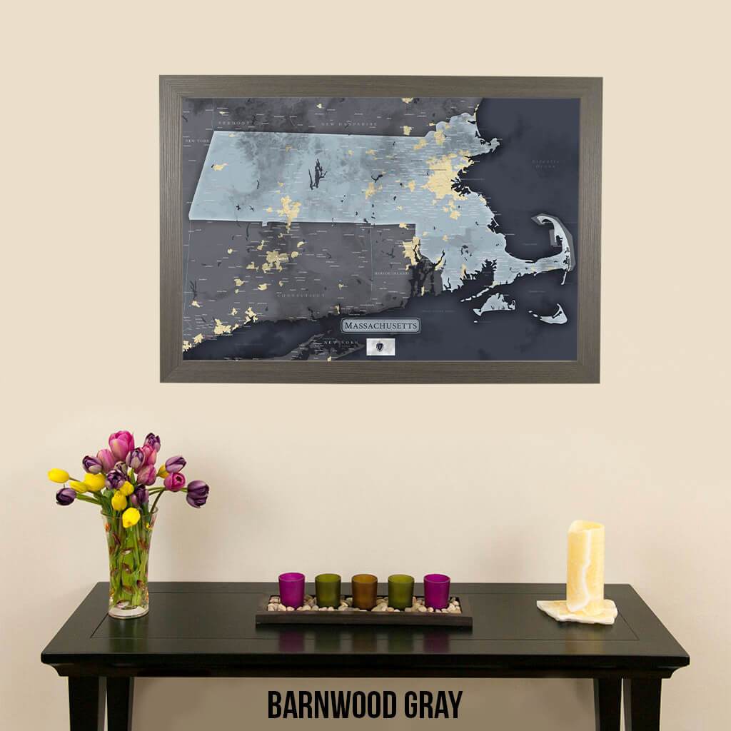 Push Pin Travel Maps Slate Gray Massachusetts Pin Map with Pins Barnwood Gray Frame