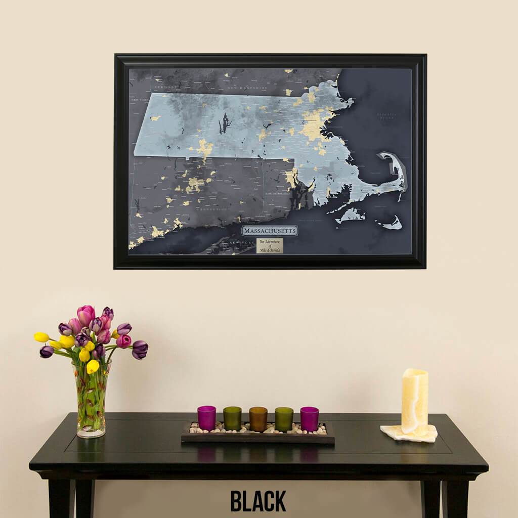 Push Pin Travel Maps Slate Gray Massachusetts Pin Map with Pins Black Frame