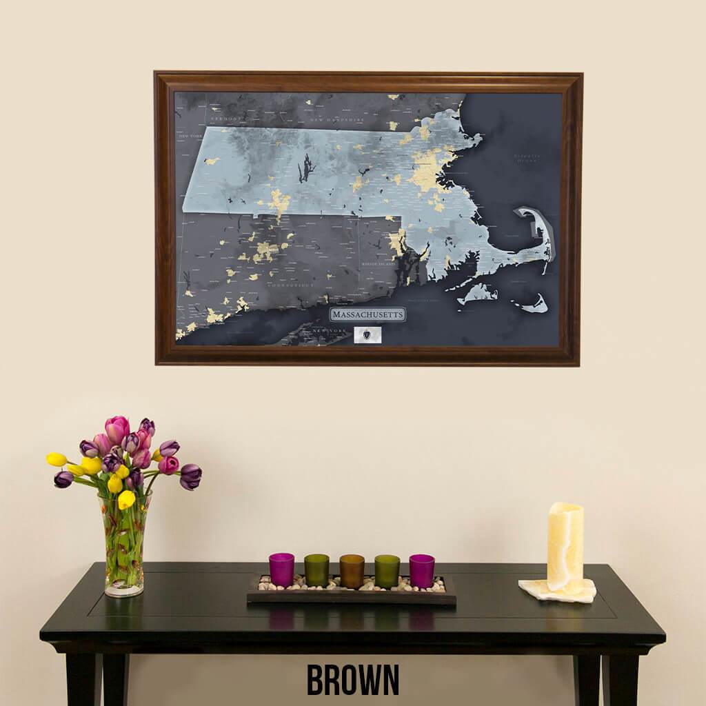 Push Pin Travel Maps Slate Gray Massachusetts Pin Map with Pins Brown Frame